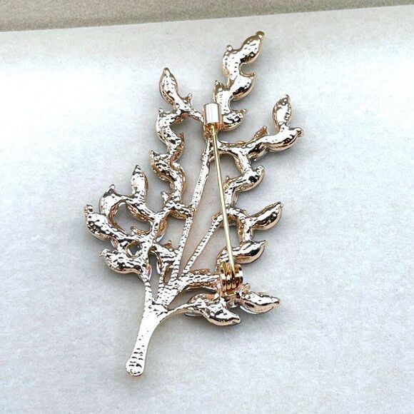 Rose Gold with Blue Sapphire Crystal Tree Branch with Leaves Pin Back Brooch - Picture 8 of 9